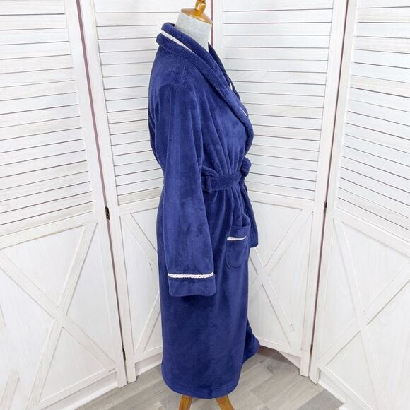 Victorias Secret Logo Ribbon Trim Fleece Bathrobe Robe Blue Small - Picture 3 of 12